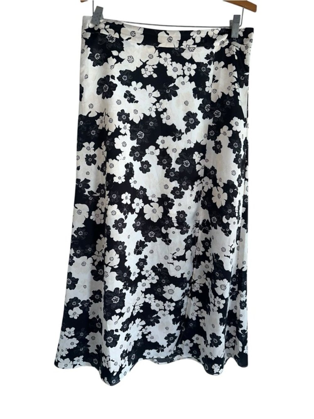 Ann Taylor Satin Floral Maxi Skirt Sz 8 Black White Floral Side Split 90s Grunge